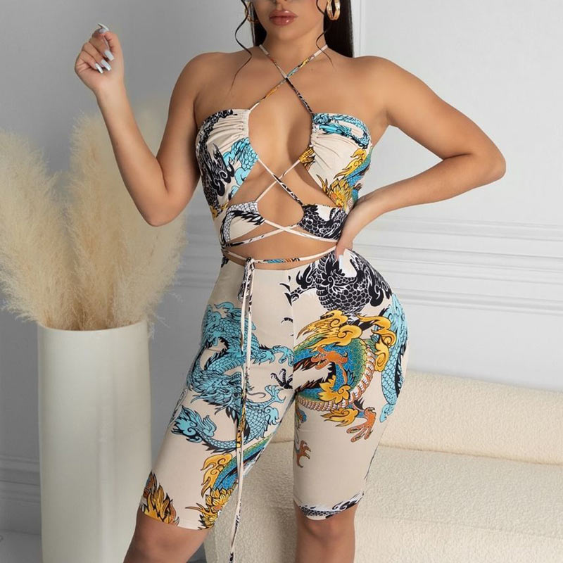 Dragon Patter Halter Sleeveless Bandage Shorts Set