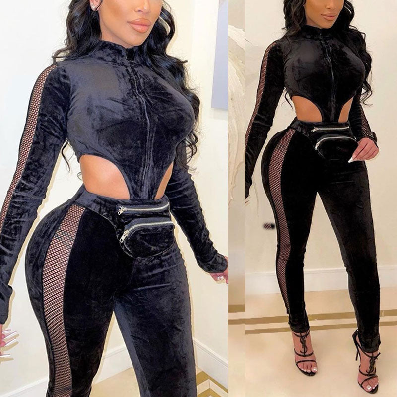 Solid Long Sleeve Sheer Mesh Patchwork Velvet Jumpsuit