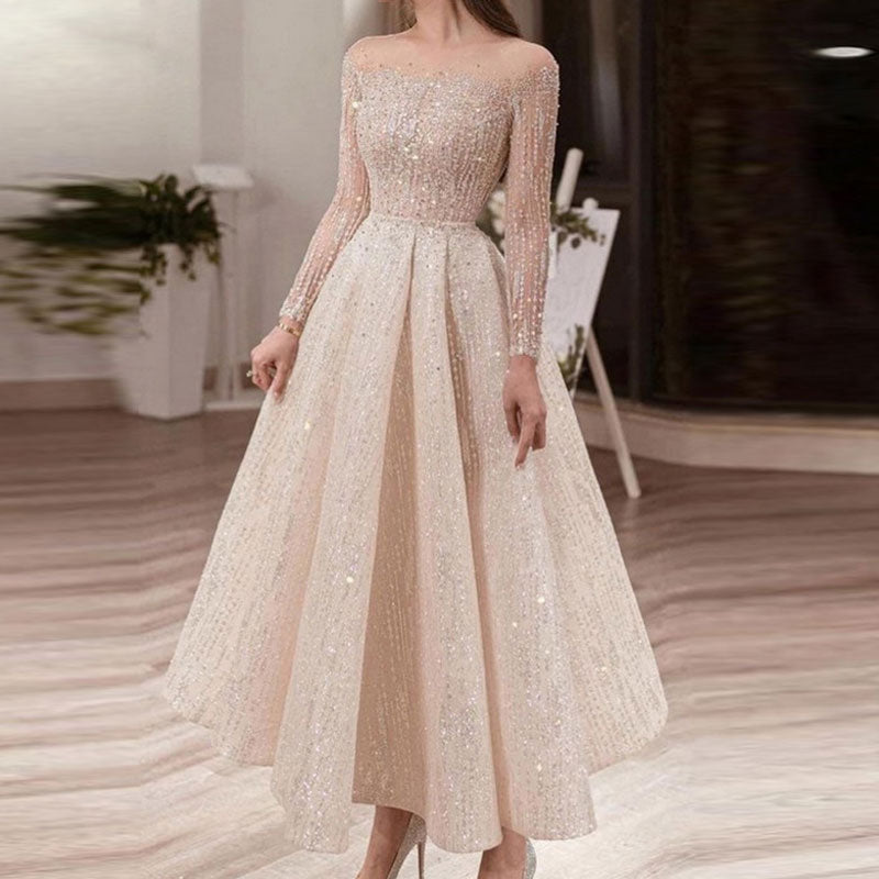 Sequins Mesh Long Sleeve Big Swing Evening Dress