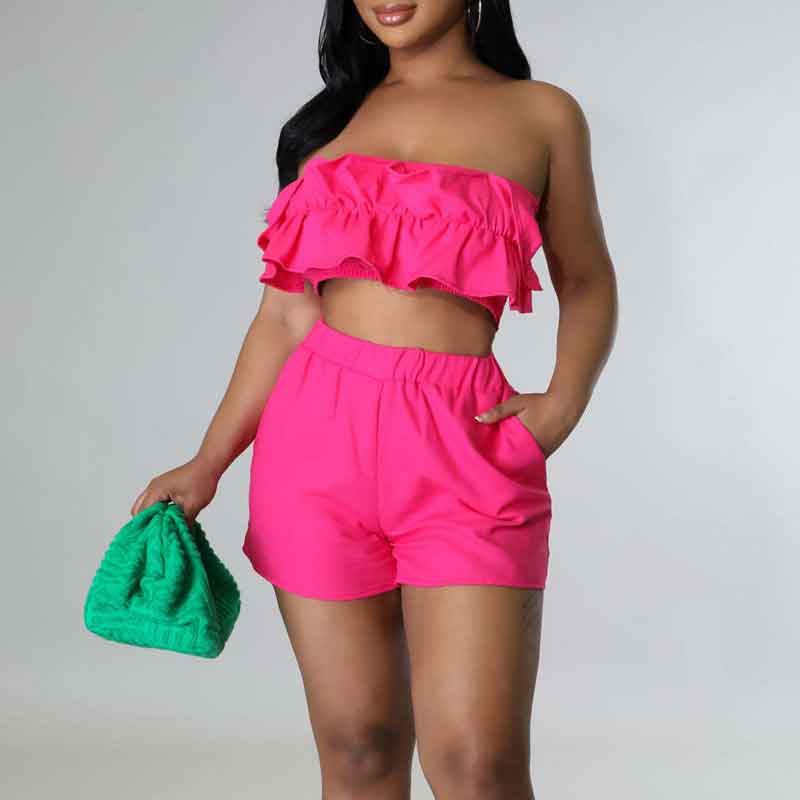 Solid Ruffle Design Tube Top & Shorts Set