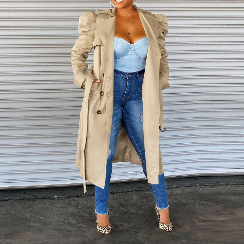 Solid Puff Sleeve Double Breasted Long Coat