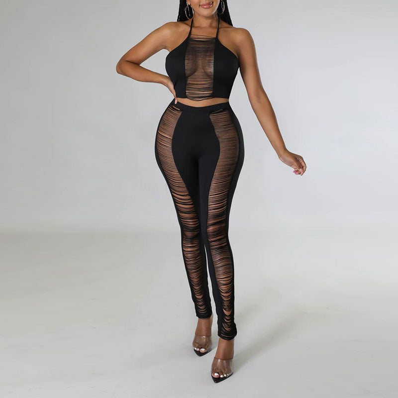 Solid Halter Cut Out Tube Top & Pants Set