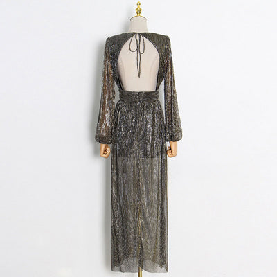 Glitter Deep V-Neck Long Sleeve Backless High Slit Floor Length Dress