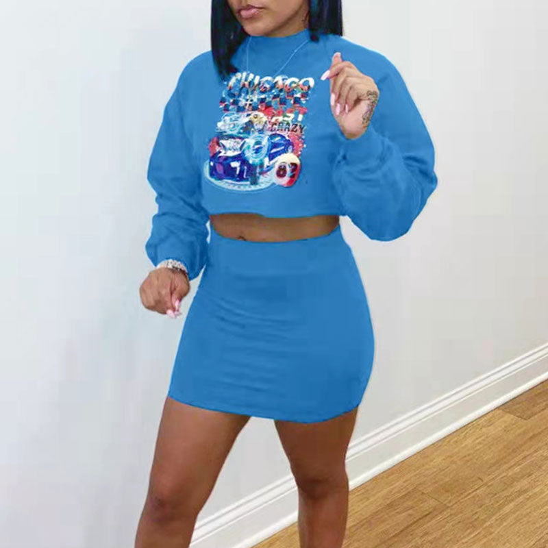 Print Long Sleeve Crop Top & Skirt Set