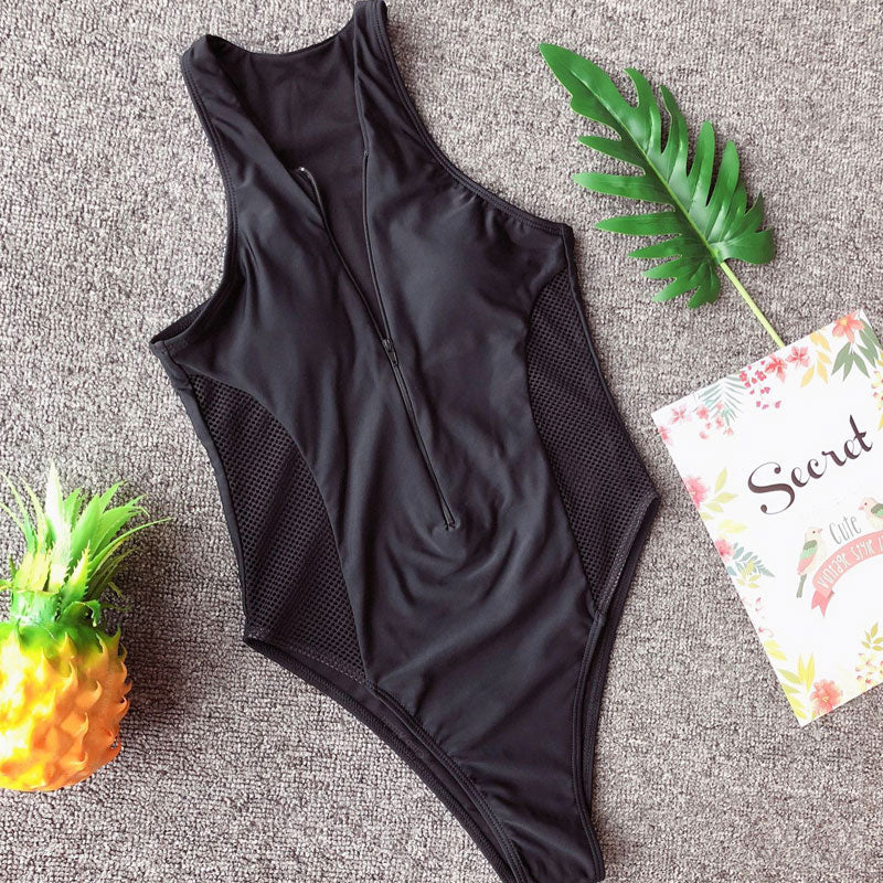 Solid Hollow Out Zipper Design One Piece Swimsuit