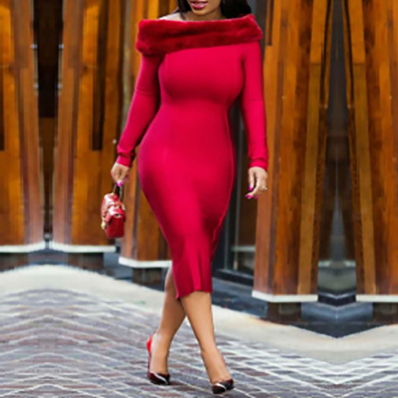 Solid Off Shoulder Long Sleeve Furry Midi Dress