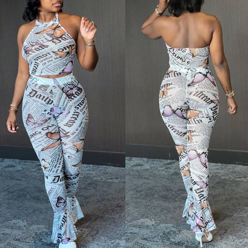 Butterfly Pattren Sleeveless Crop Top & Bell-Bottomed Pants Set