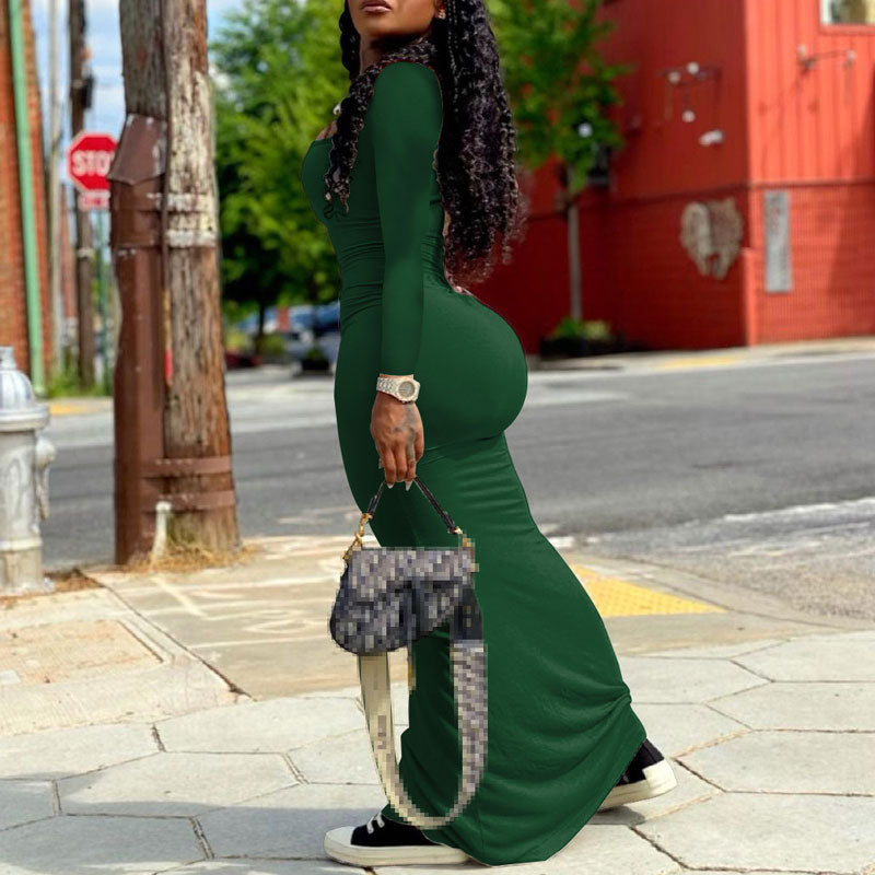 Solid U Neck Long Sleeve Maxi Dress