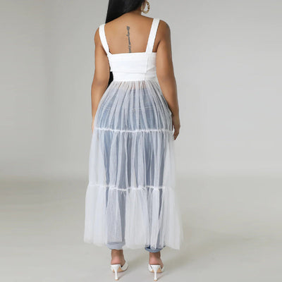 Solid Sheer Mesh Patchwork Spaghetti Strap Dress