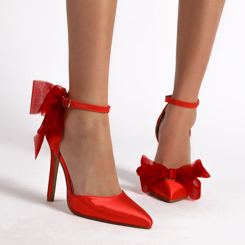 Pointed Toe Ankle Strap Bowknot Decoration Stiletto Heels