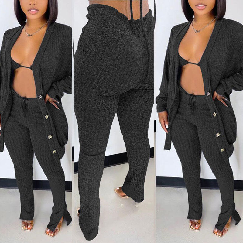 Solid Long Sleeve Button Detailed 3PCS Pants Set