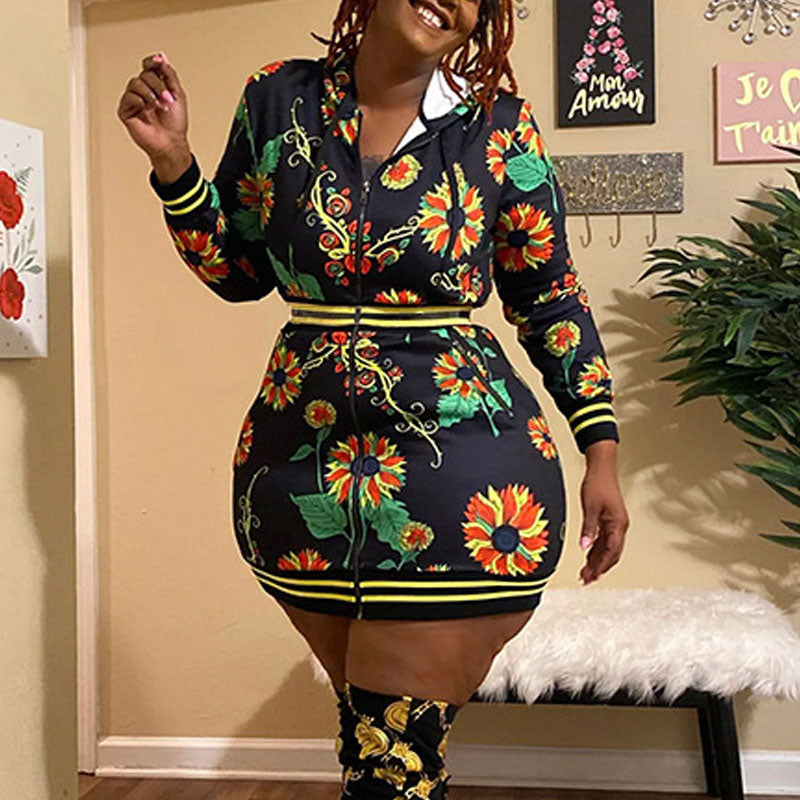 Floral Print Long Sleeve Hoodie Plus Size Dress