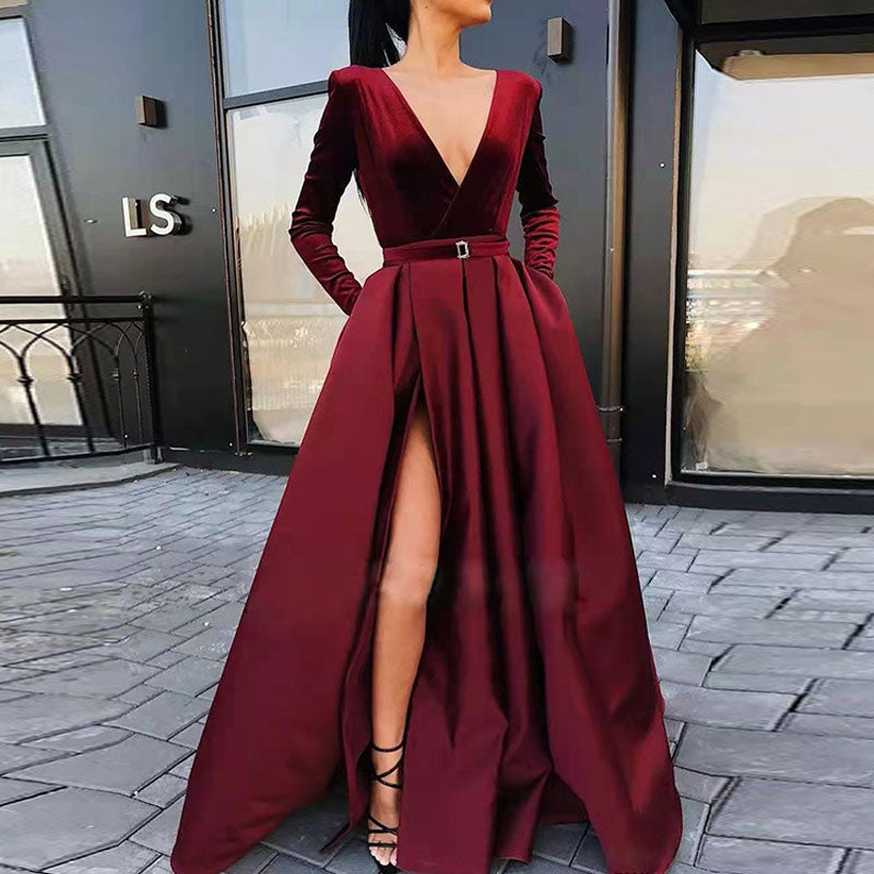 Solid Deep V-Neck Long Sleeve High Slit Floor-Length Dress