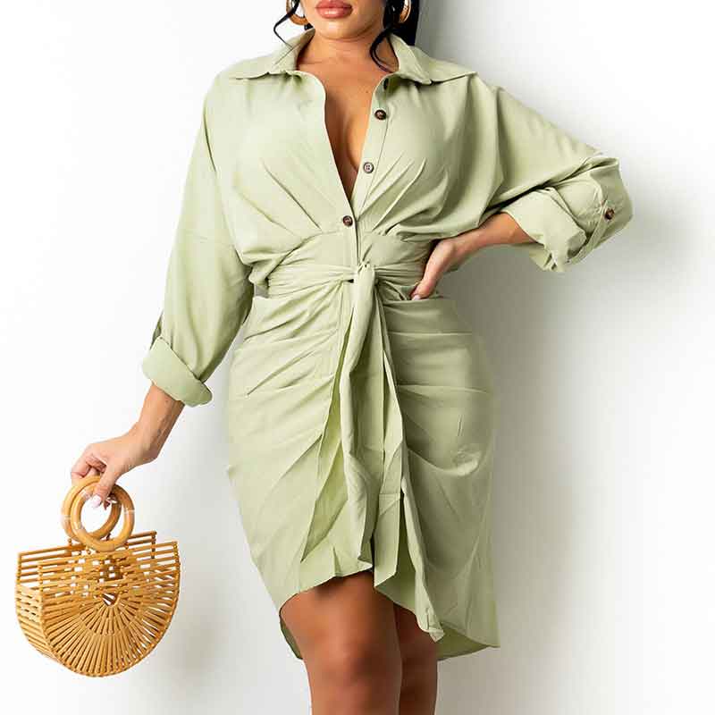 Solid Long Sleeve Button Detailed Shirt Dress