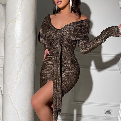 Glitter Off Shoulder Wrapped Long Sleeve Bodycon Dress