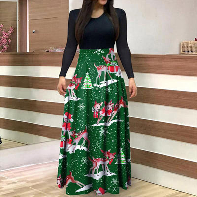 Christmas Pattern Long Sleeve Pleated Maxi Dress