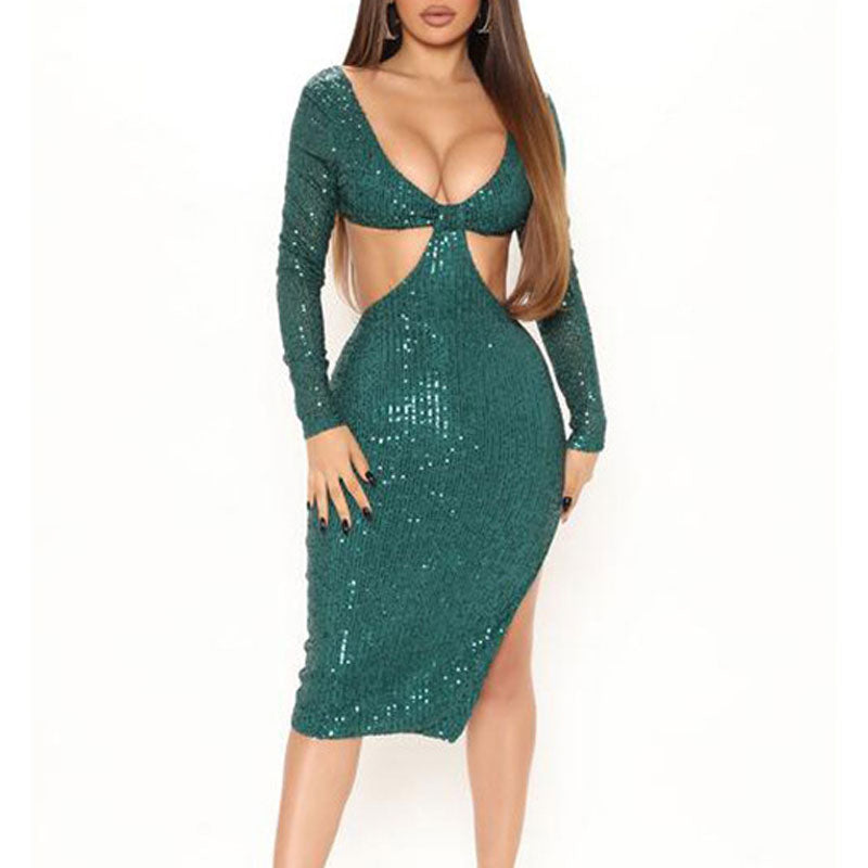 Sequins Deep V-Neck Long Sleeve Backless High Slit Midi Dress