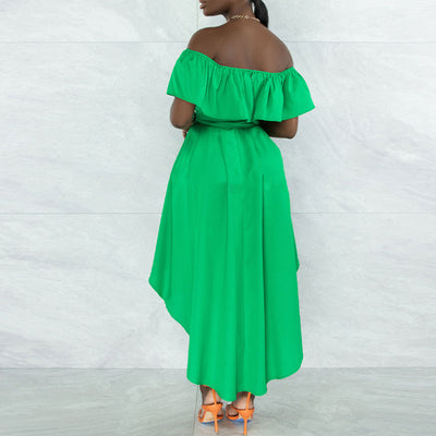 Solid Off Shoulder Ruffle Design Asymmetrical Dress