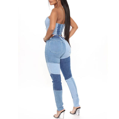 Colorblock High Waist Patchwork Skinny Denim Pants