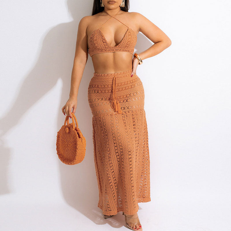 Solid Halter Tube Top & Hollow Out Mesh Skirt Set