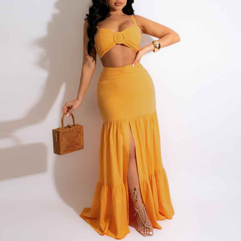 Solid Sleeveless Tube Top & Slit Skirt Set