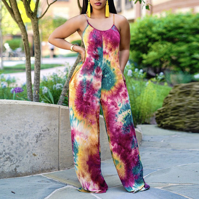 Tie Dye Print Sleeveless Wide Leg Jumpsuit