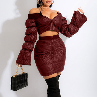 Solid Off Shoulder Lantern Sleeve Coat & Skirt Set