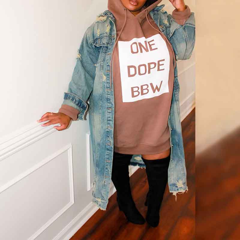 Letter Print Long Sleeve Plus Size Hoodie Dress