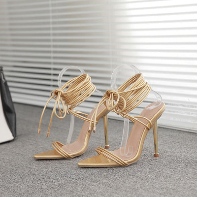 Solid Pointed Toe Bandage Thin Heeled Sandals