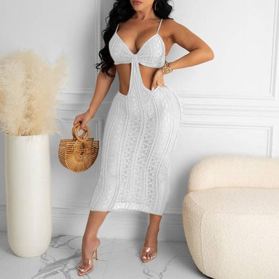 Solid Deep V-Neck Hollow Out See Through Dress
