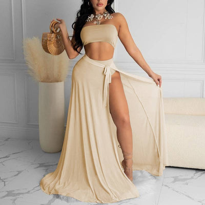 Solid Off Shoulder High Split Three Piece Skirts Set