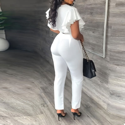 Solid V-Neck Ruffles Crop Top & Pants Set