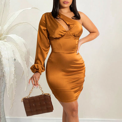 Solid One Shoulder Cut Out Long Sleeve Bodycon Dress