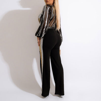 Sequins Deep V-Neck Long Sleeve Pocket Design Jumpsuit