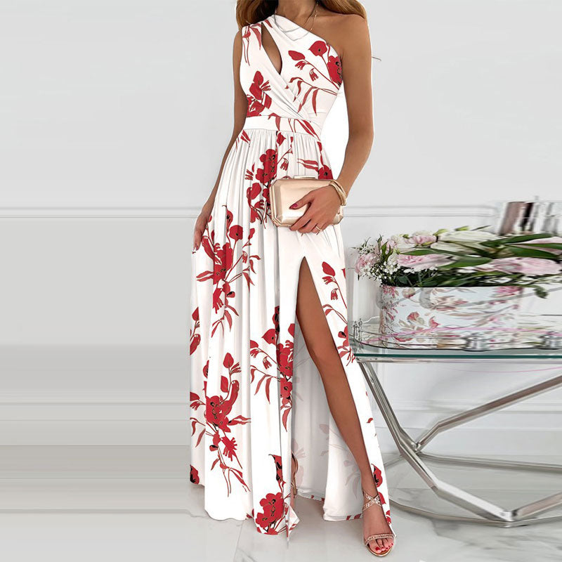 Floral Print Oblique Shoulder Sleeveless High Slit Maxi Dress