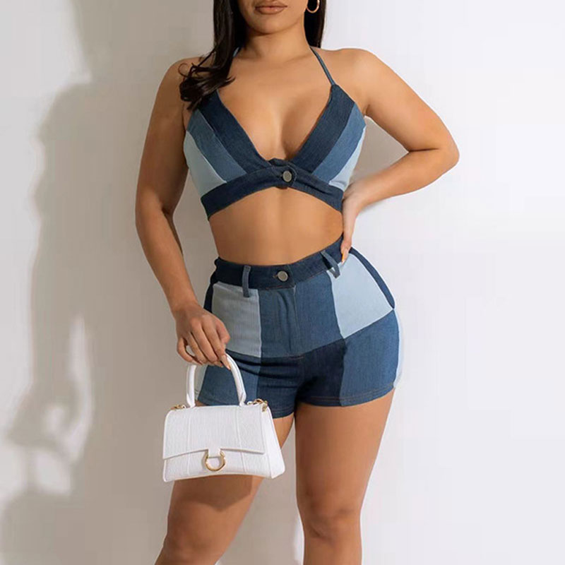 Colorblock Halter Sleeveless Tube Top & Shorts Set