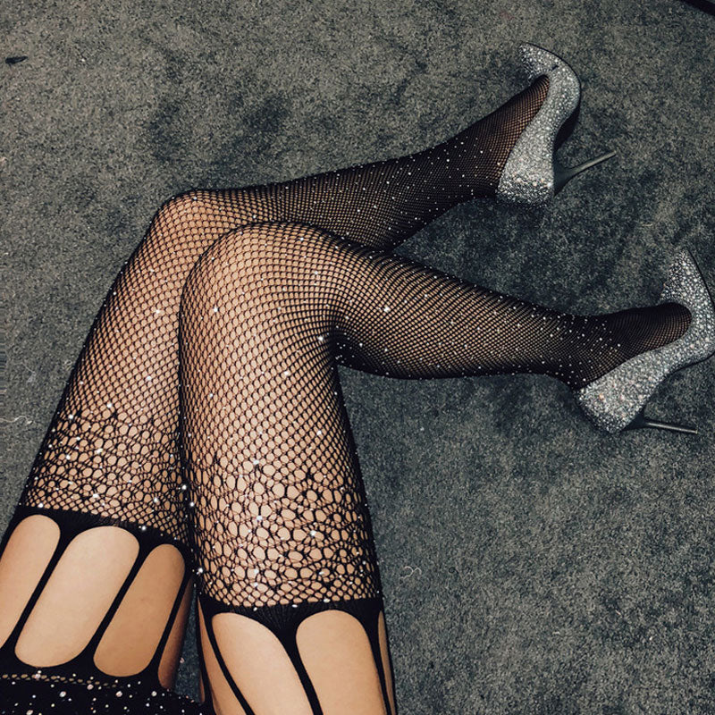 Rhinestone Fishnet Hollow Out Stockings