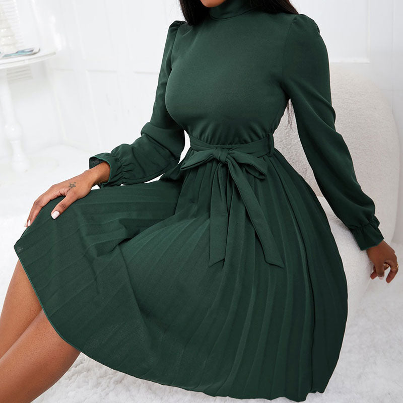 Christmas Long Sleeve Belted Pleated Dress