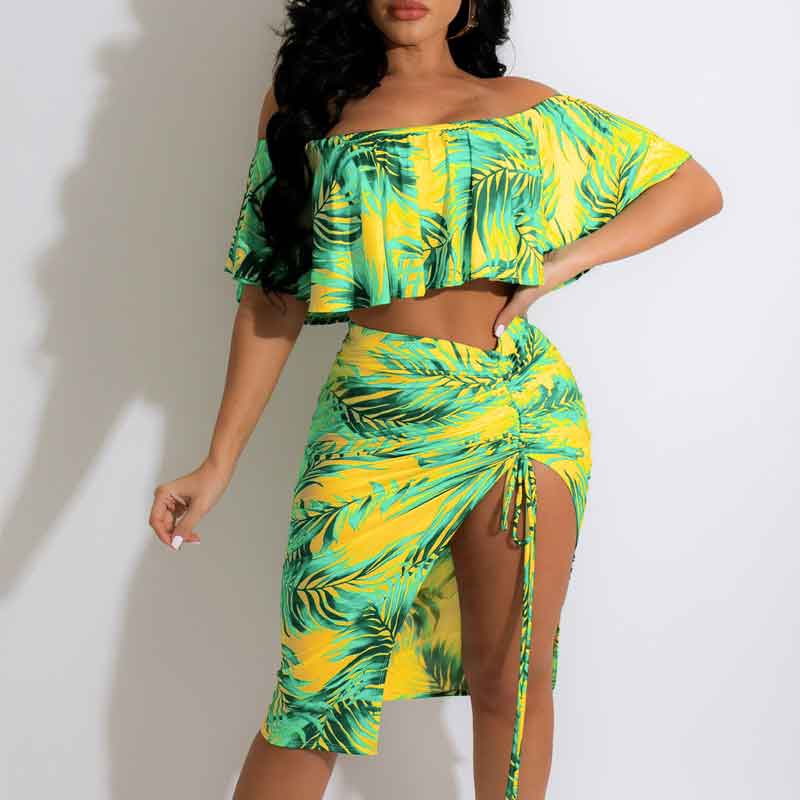 Leaf Print Off Shoulder Tube Top & Slit Skirt Set