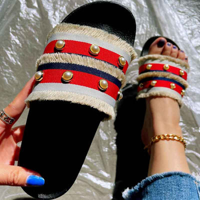 Colorblock Beaded Flat Sandals