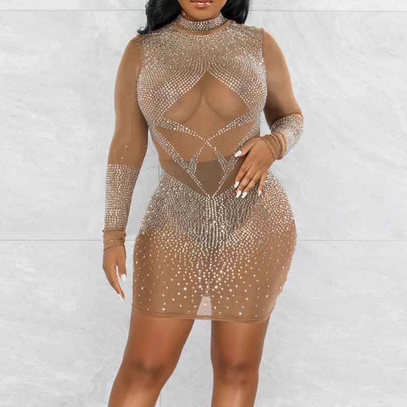 Rhinestone Long Sleeve Sheer Mesh Mini Dress