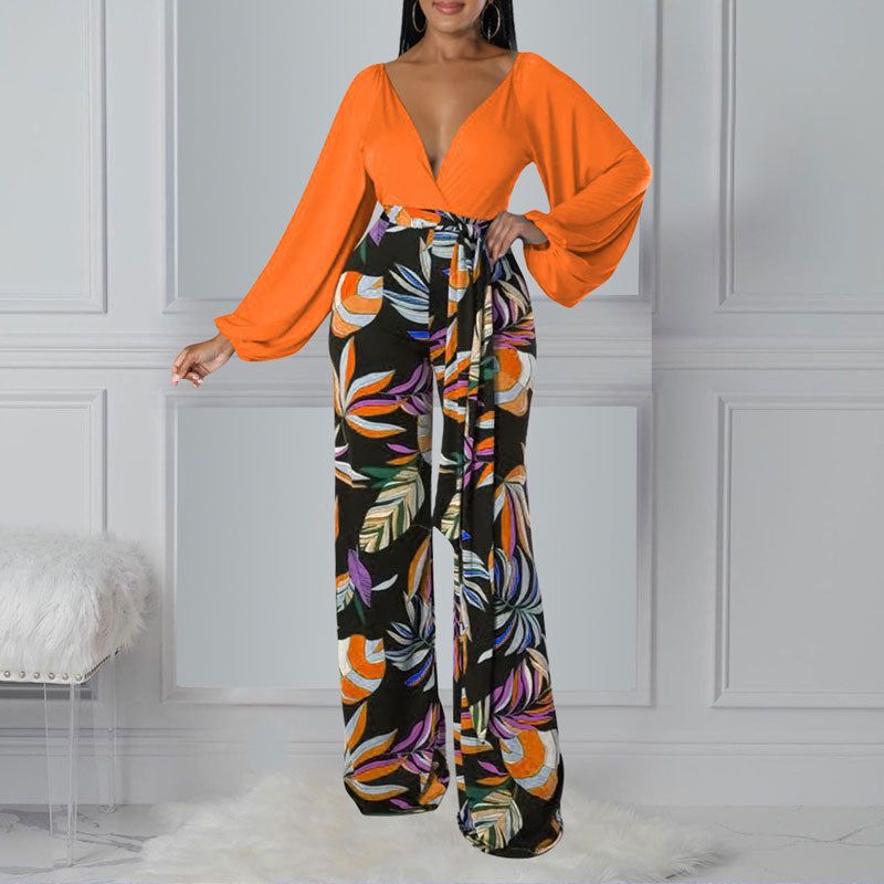 Solid Deep V-Neck Lantern Sleeve Top & Print Pants Set