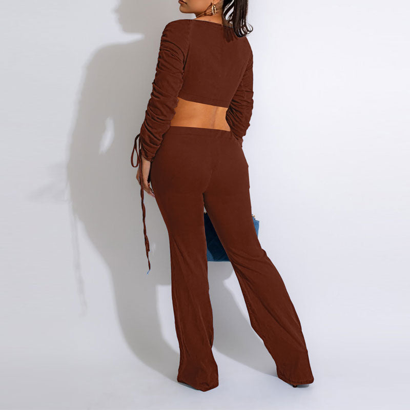 Solid V-Neck Long Sleeve Drawstring Crop Top & Pants Set