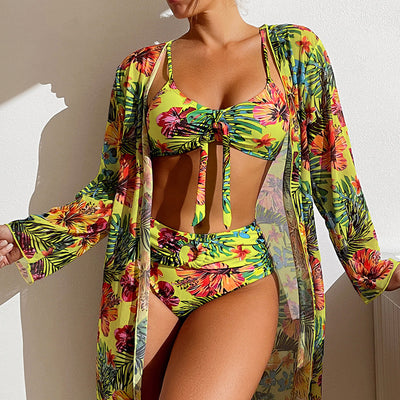 Leaf Print Bikini Set With Cover Up