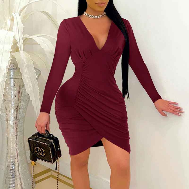 Solid Deep V-Neck Long Sleeve Ruched Bodycon Dress