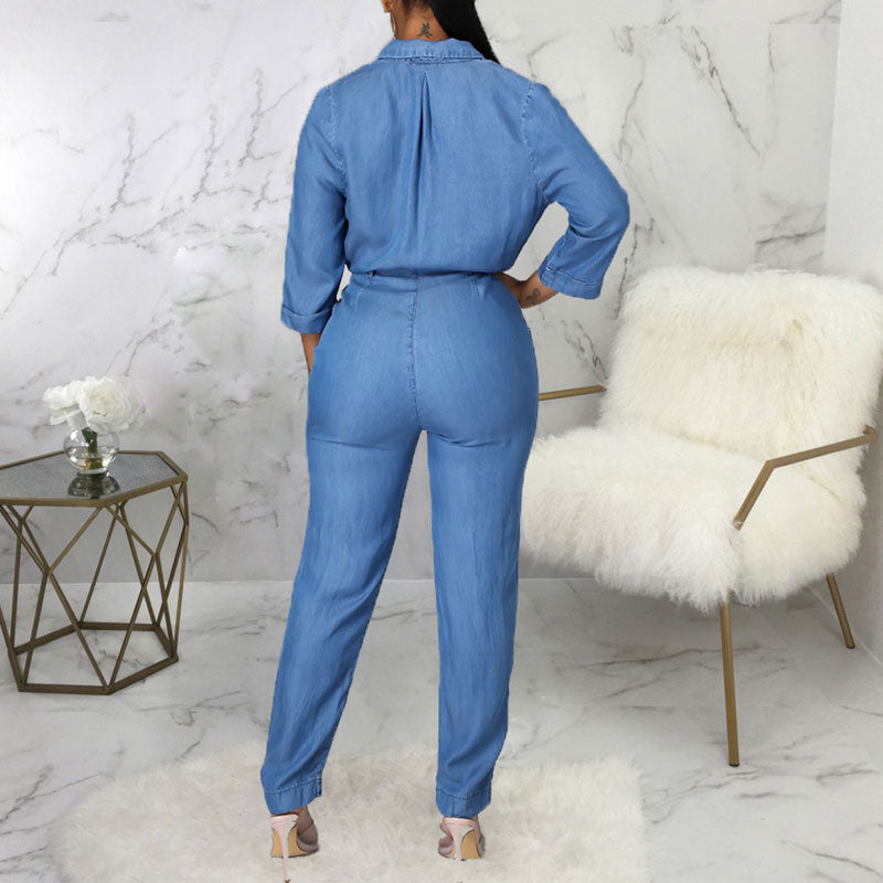 Solid Long Sleeve Denim Jumpsuit With Belt