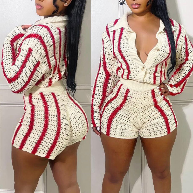 Striped Knitted Button Detailed Top & Shorts Set