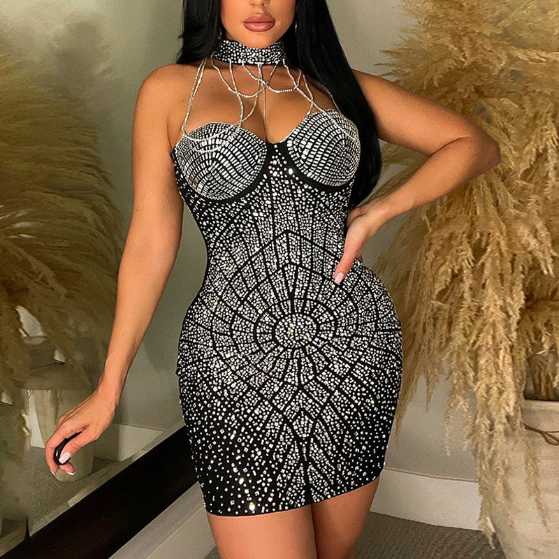 Rhinestone Halter Chain Strap Bodycon Dress