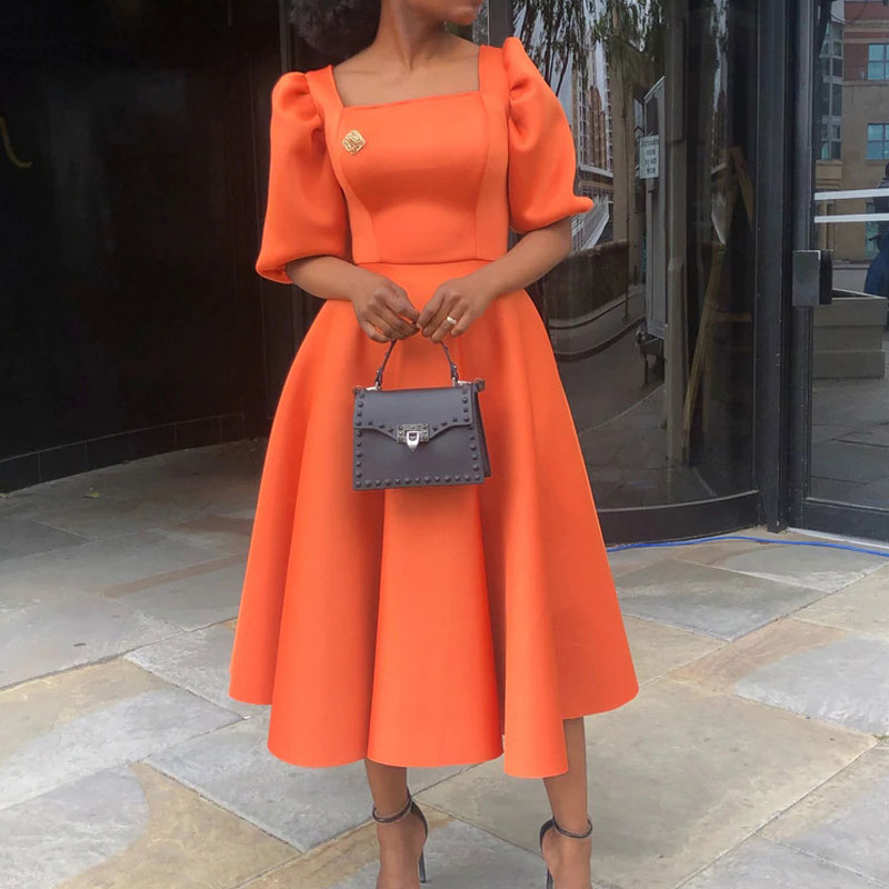 Solid Square Neck Puff Sleeve Pleated Midi Dress