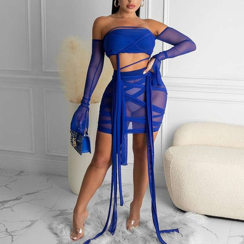 Solid Off Shoulder Flared Sleeve Sheer Mesh Bandage Skirt Set